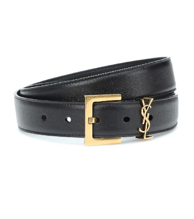 Shop Saint Laurent Cassandre Leather Belt In Nero