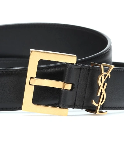 Shop Saint Laurent Cassandre Leather Belt In Nero