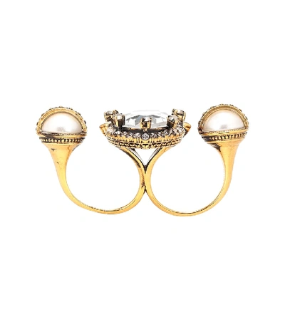 Shop Alexander Mcqueen Crystal-embellished Double Ring In Gold