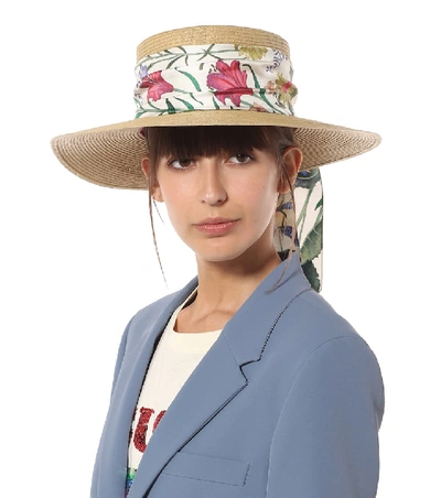 Shop Gucci Woven Hat With New Flora Ribbon In Neutrals