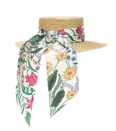 Shop Gucci Woven Hat With New Flora Ribbon In Neutrals