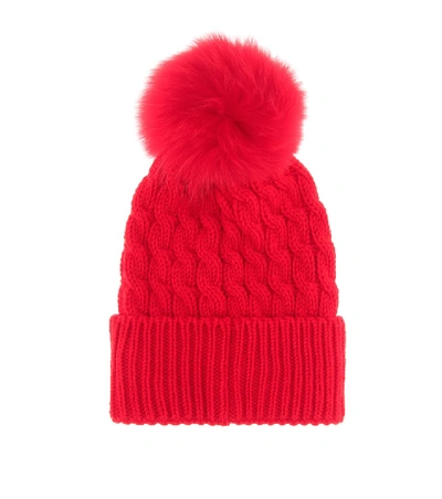 Shop Moncler Fur-trimmed Wool Beanie In Red