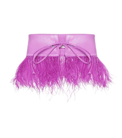 Shop Attico Feather-trimmed Leather Belt In Purple