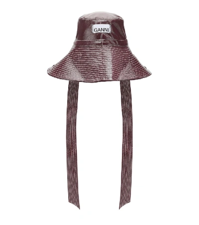 Shop Ganni Patent Faux Leather Hat In Brown