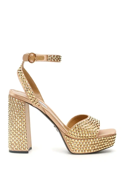 Shop Prada Crystal Sandals In Beige/gold