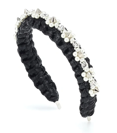 Shop Simone Rocha Crystal-embellished Raffia Headband In Black