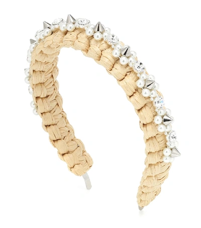 Shop Simone Rocha Crystal-embellished Raffia Headband In Beige