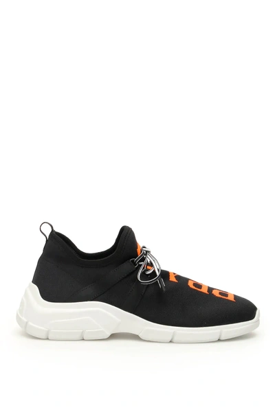 Shop Prada Knit Logo Sneakers In Black,orange,white