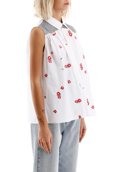 Shop Miu Miu Flower Embroidery Top In White/red/black
