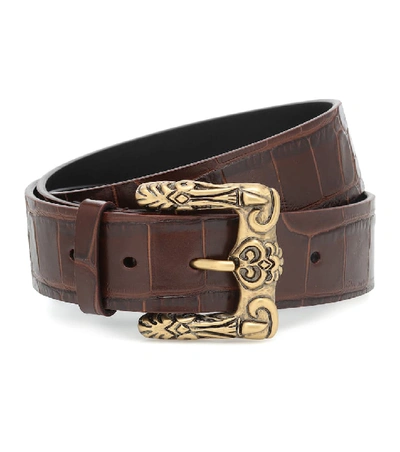 Shop Saint Laurent Celtic Croc-effect Leather Belt In Brown