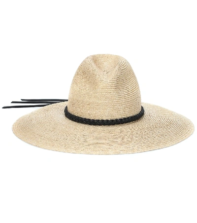 Shop Saint Laurent Straw Leather-trimmed Hat In White