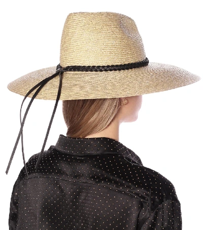 Shop Saint Laurent Straw Leather-trimmed Hat In White