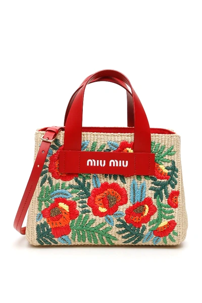 Shop Miu Miu Embroidered Raffia Tote Bag In Beige/red