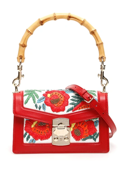 Shop Miu Miu Embroidered Raffia Tote Bag In Beige/red