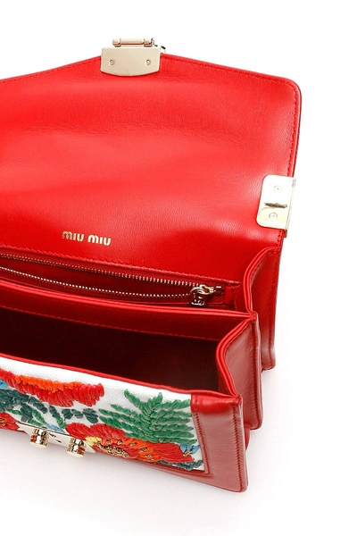 Shop Miu Miu Embroidered Raffia Tote Bag In Beige/red