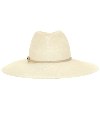 Shop Agnona Leather-trimmed Straw Hat In Neutrals