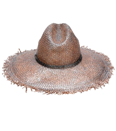 Shop Brunello Cucinelli Leather-trimmed Straw Hat In Brown