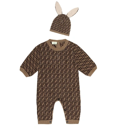 Shop Fendi Baby Cotton And Cashmere Hat In Brown