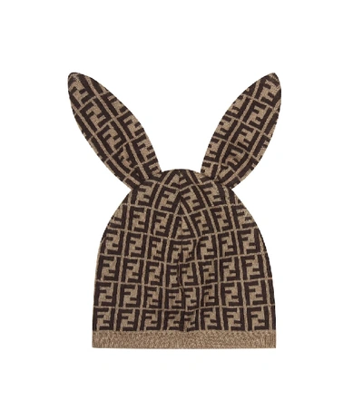 Shop Fendi Baby Cotton And Cashmere Hat In Brown