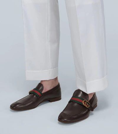 Shop Gucci Leather Loafers With Gg Web In Brown