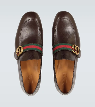 Shop Gucci Leather Loafers With Gg Web In Brown