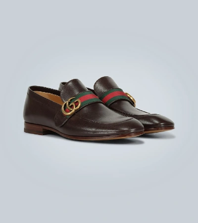 Shop Gucci Leather Loafers With Gg Web In Brown