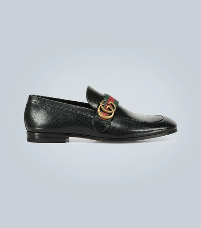 Shop Gucci Leather Loafers With Gg Web In Black