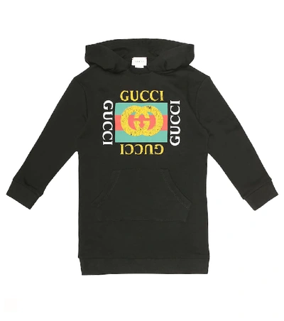 Shop Gucci Logo Cotton Hoodie Dress In Black