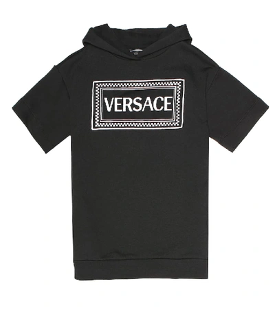 Shop Versace Cotton Logo Hooded Dress In Black