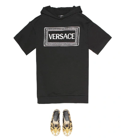 Shop Versace Cotton Logo Hooded Dress In Black