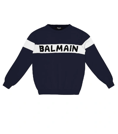 Shop Balmain Logo Cotton Sweater In Blue