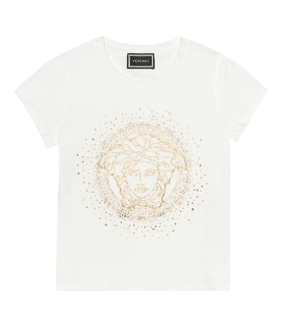 Shop Versace Embellished Stretch-cotton T-shirt In White