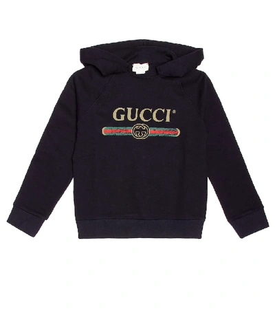 Shop Gucci Logo Cotton Hoodie In Blue