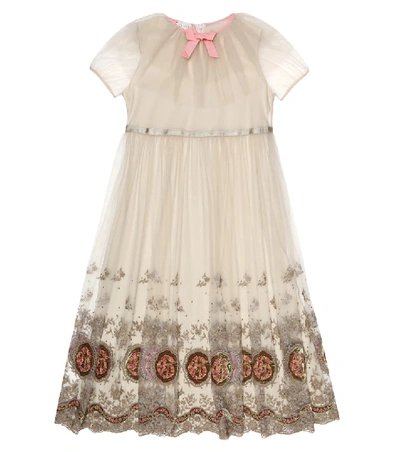 Shop Gucci Embroidered Tulle Dress In Beige