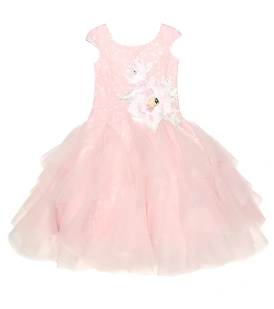 Shop Monnalisa Rose-appliqué Tulle Dress In Pink