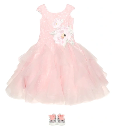 Shop Monnalisa Rose-appliqué Tulle Dress In Pink