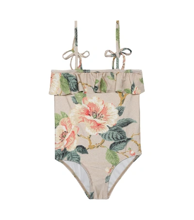 Shop Zimmermann Kirra Floral Swimsuit In Beige