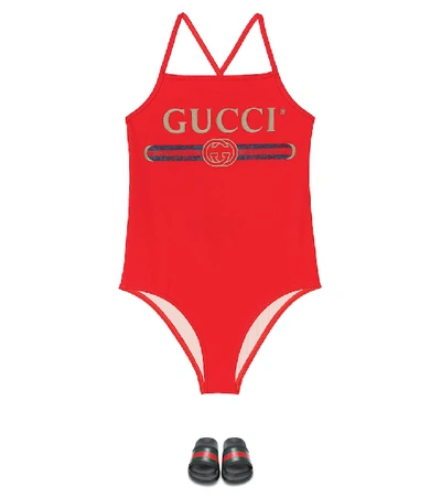 Shop Gucci Logo One-piece Swimsuit In Red