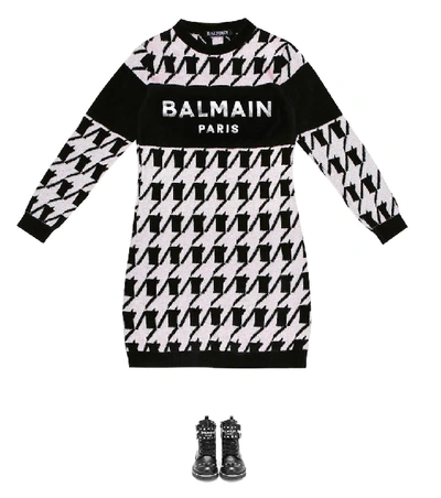 Shop Balmain Houndstooth Knit Dress In Black