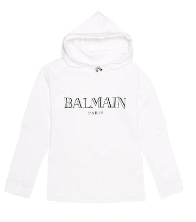 Shop Balmain Logo Cotton Jersey Hoodie In White