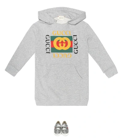Shop Gucci Logo Cotton Hoodie Dress In Grey
