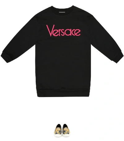 Shop Versace Logo Cotton Dress In Black