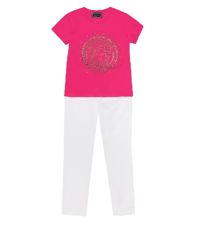 Shop Versace Embellished Stretch-cotton T-shirt In Pink