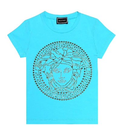 Shop Versace Embellished Stretch-cotton T-shirt In Blue