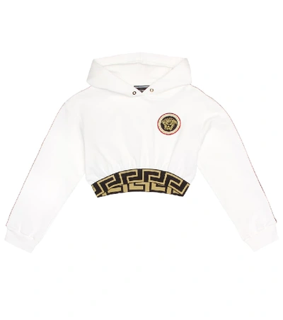 Shop Versace Embroidered Cropped Cotton Hoodie In White