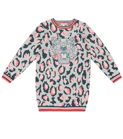 Shop Kenzo Leopard Cotton-blend Sweater Dress In Grey