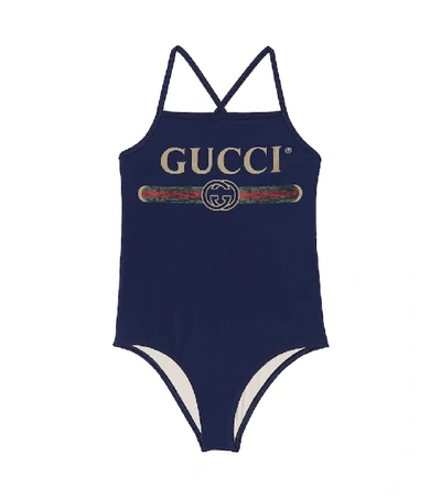 Shop Gucci Logo One-piece Swimsuit In Blue