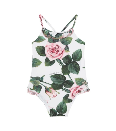 Shop Dolce & Gabbana Baby Floral One-piece Swimsuit In White