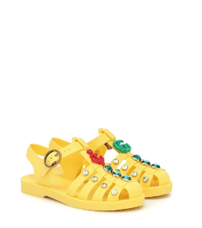 Shop Gucci Embellished Rubber Sandals In Yellow