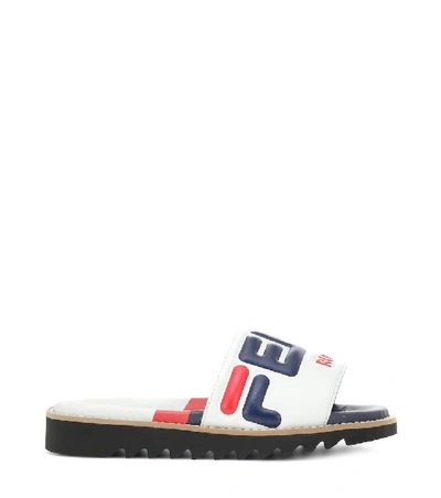 Shop Fendi Mania Leather Slides In White